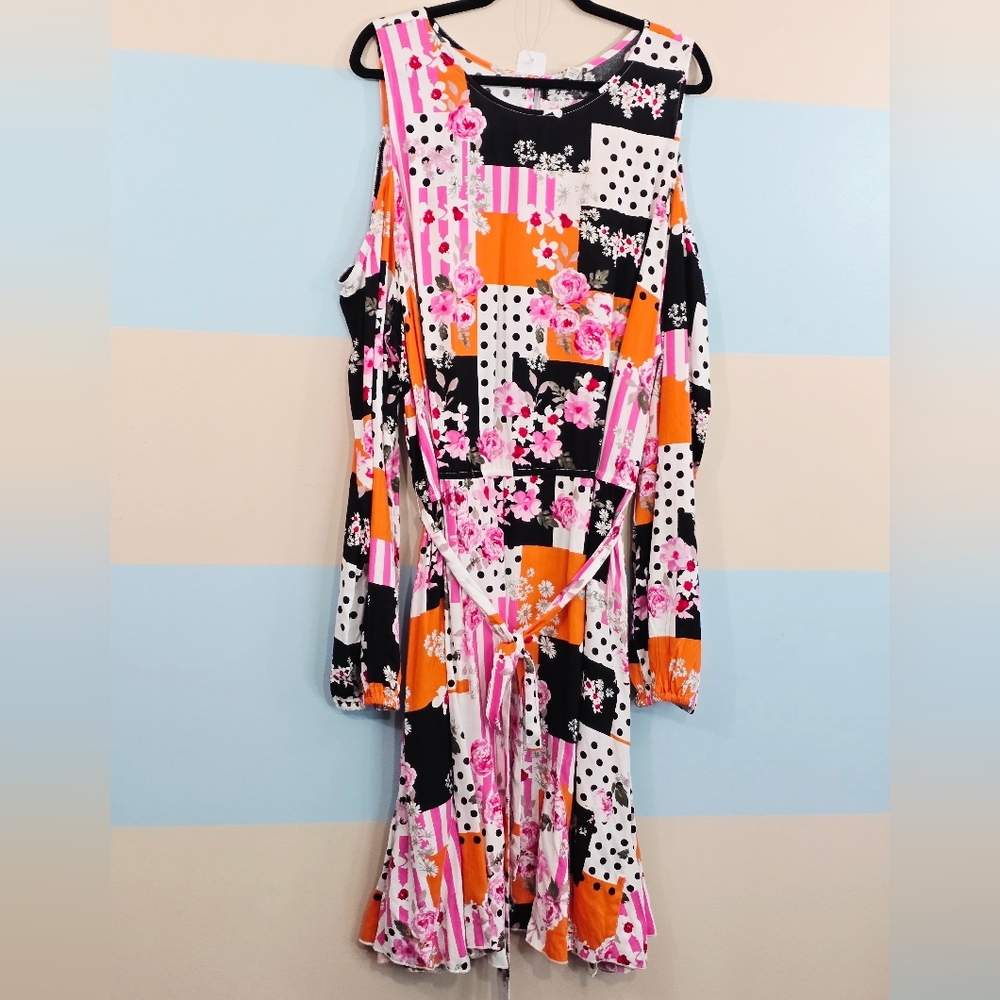 NWT Cato Multicolor Polka-dot Floral Patchwork Cold Shoulder Dress - Picture 3 of 10